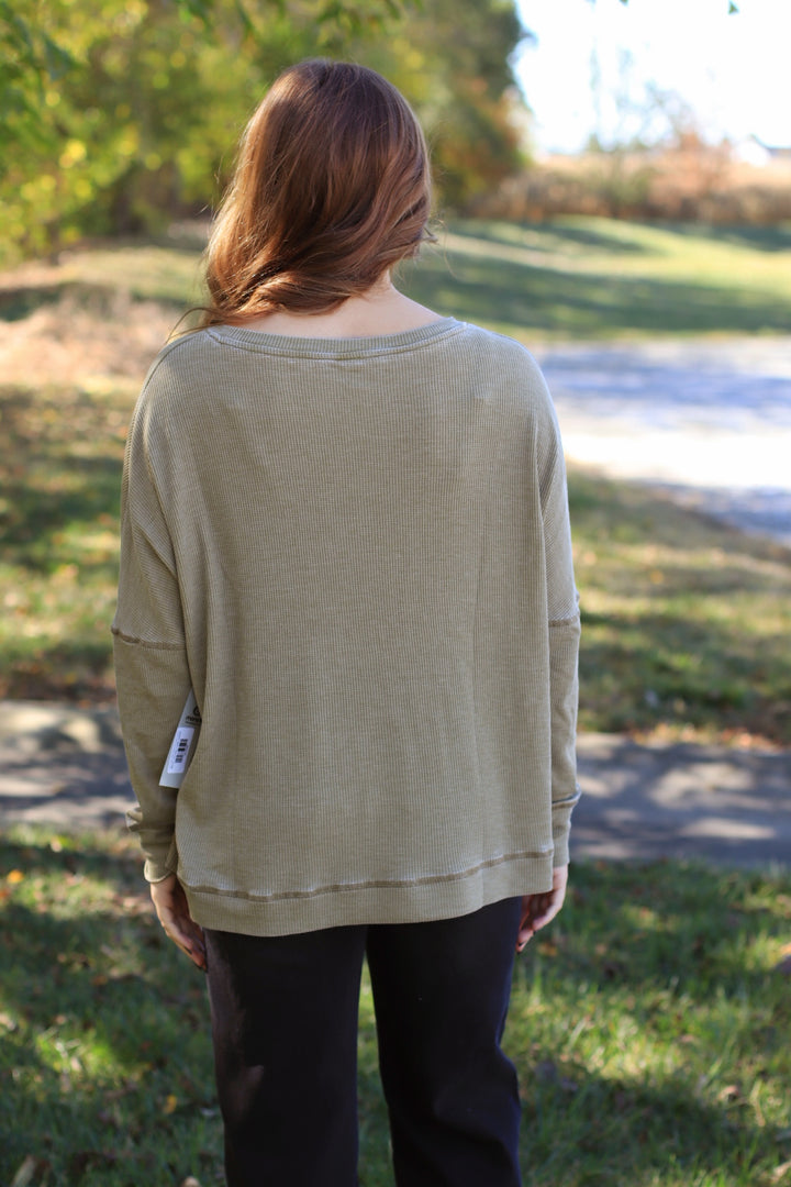 Camo Green Waffle Ribbed Roundneck Pullover