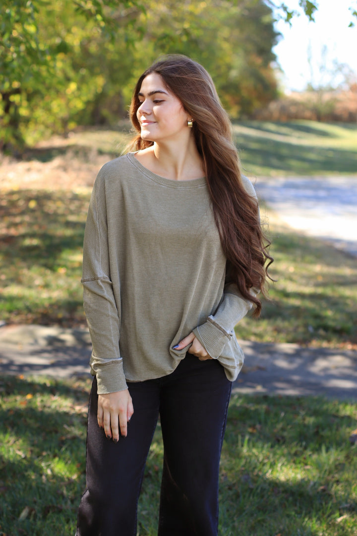 Camo Green Waffle Ribbed Roundneck Pullover