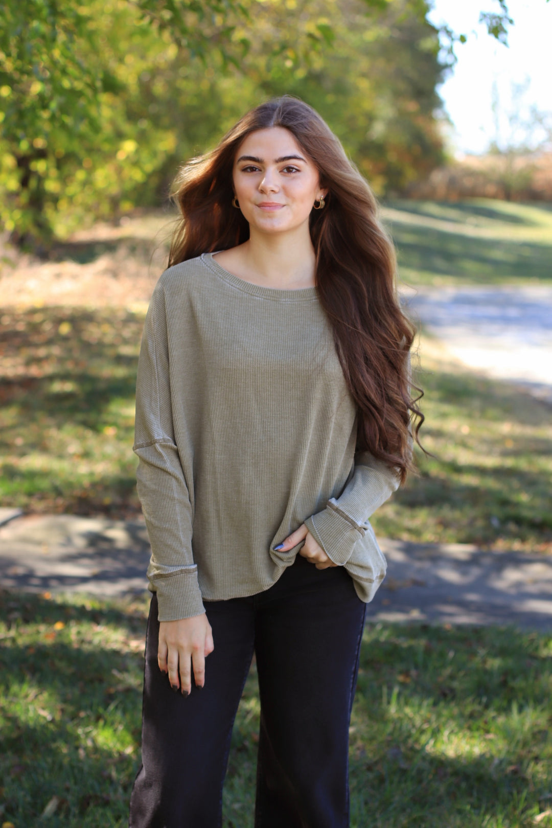 Camo Green Waffle Ribbed Roundneck Pullover