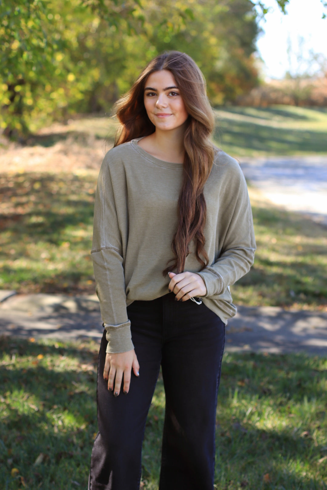 Camo Green Waffle Ribbed Roundneck Pullover