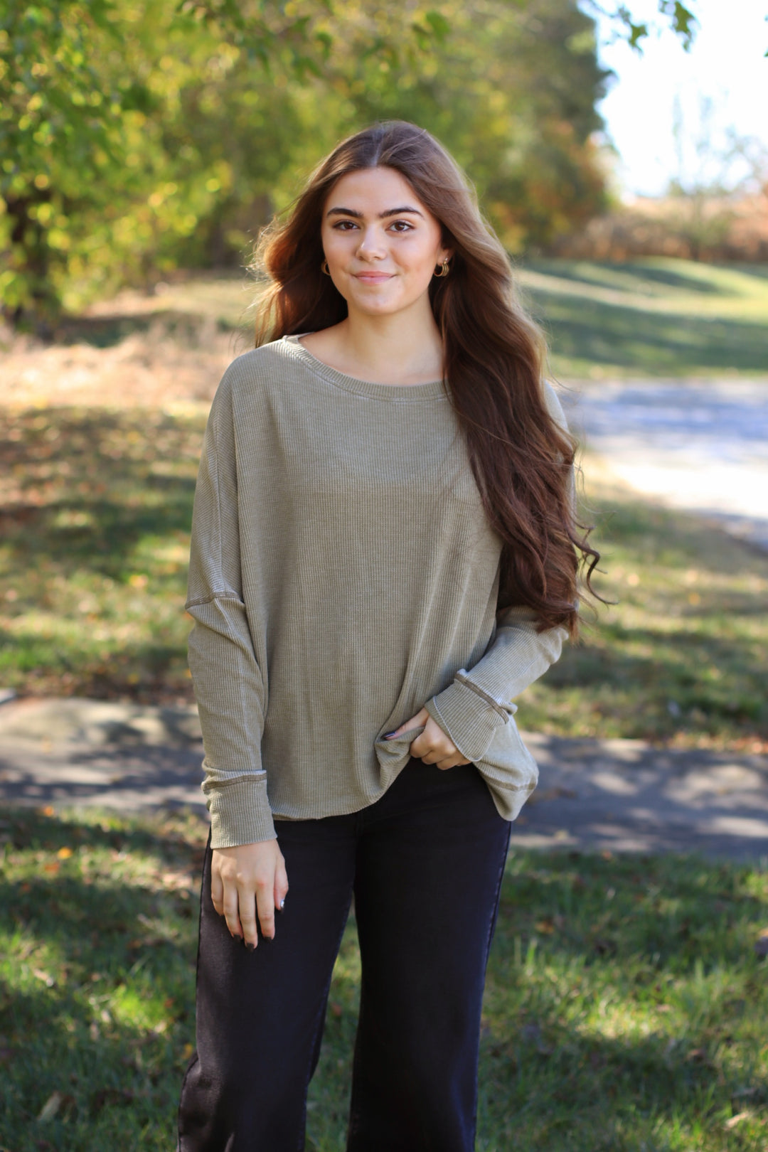 Camo Green Waffle Ribbed Roundneck Pullover