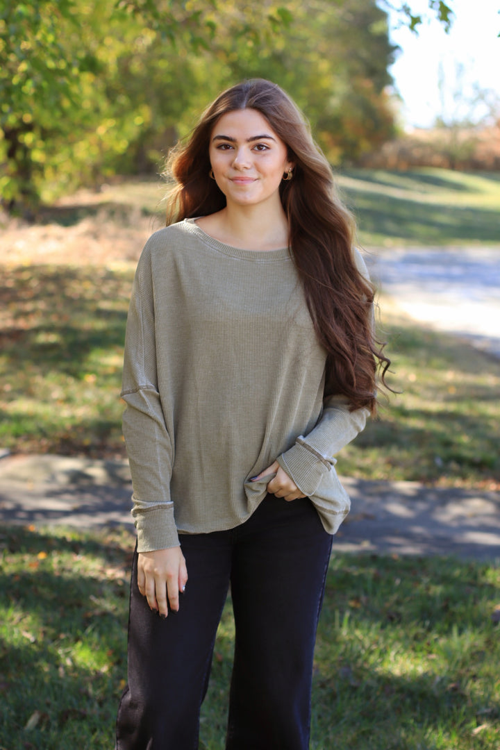 Camo Green Waffle Ribbed Roundneck Pullover