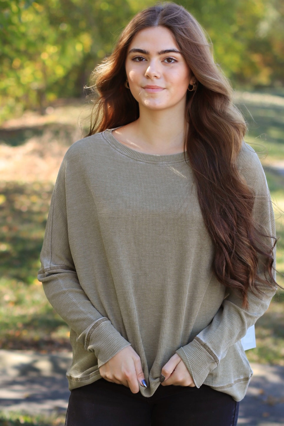 Camo Green Waffle Ribbed Roundneck Pullover