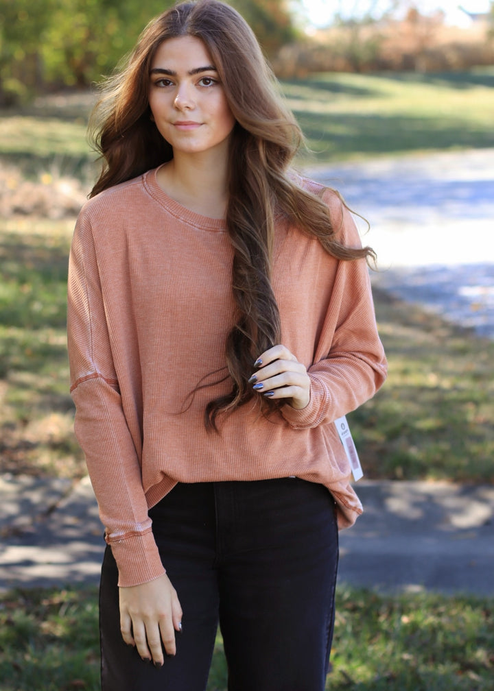 Burnt Amber Waffle Ribbed Roundneck Pullover