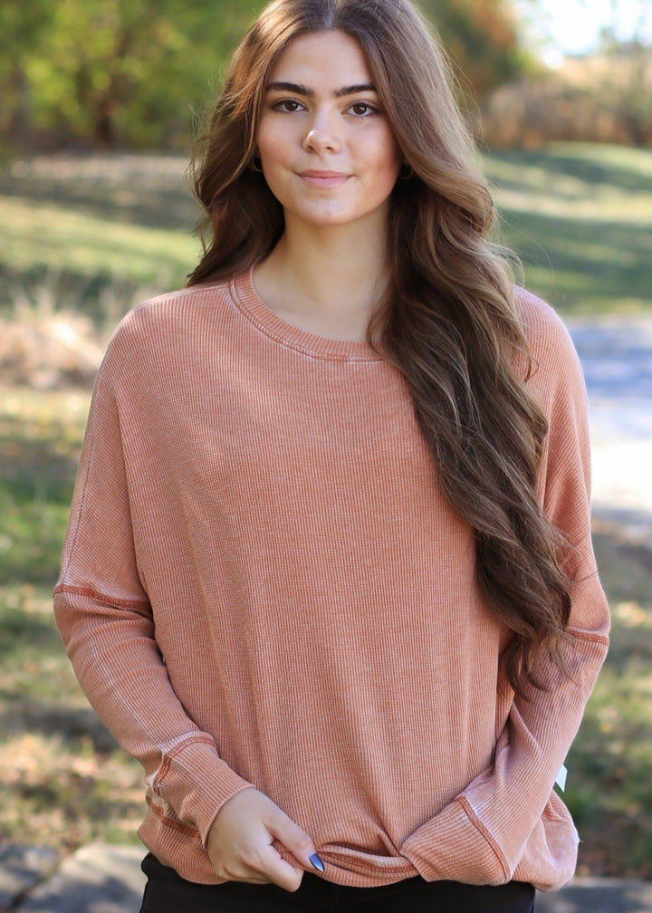 Burnt Amber Waffle Ribbed Roundneck Pullover