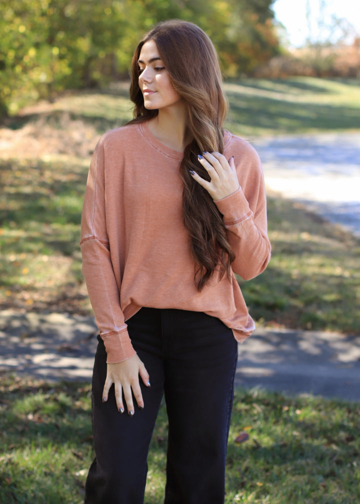Burnt Amber Waffle Ribbed Roundneck Pullover