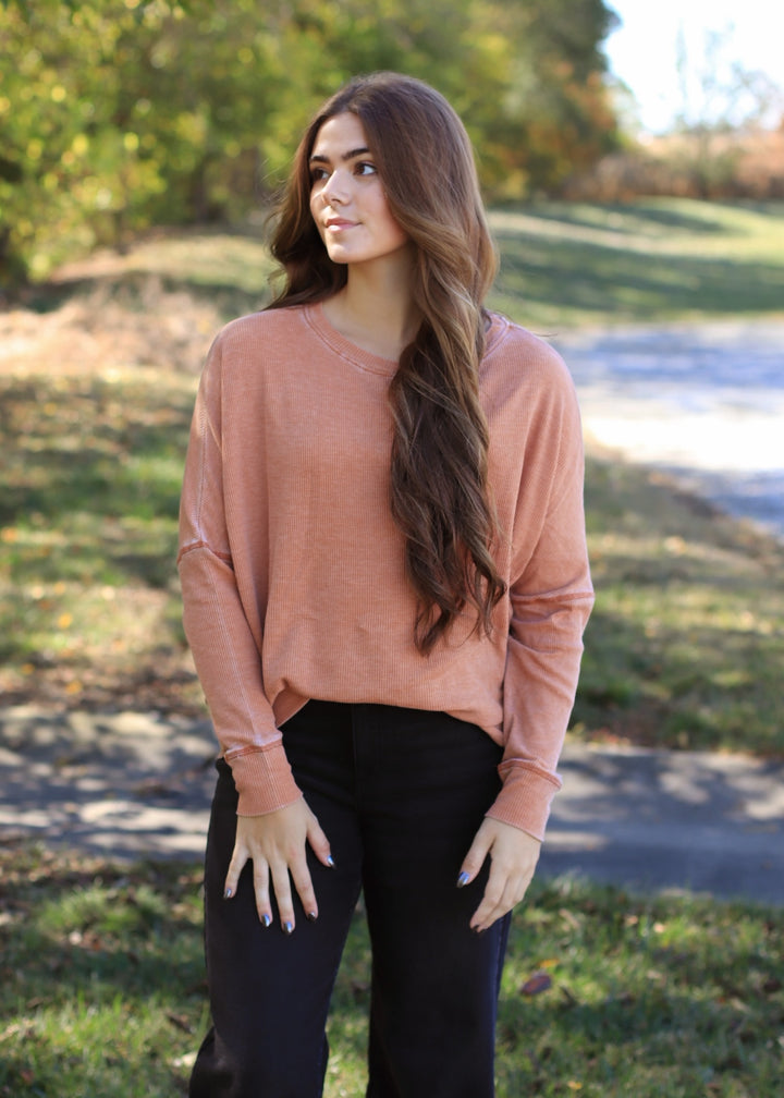 Burnt Amber Waffle Ribbed Roundneck Pullover