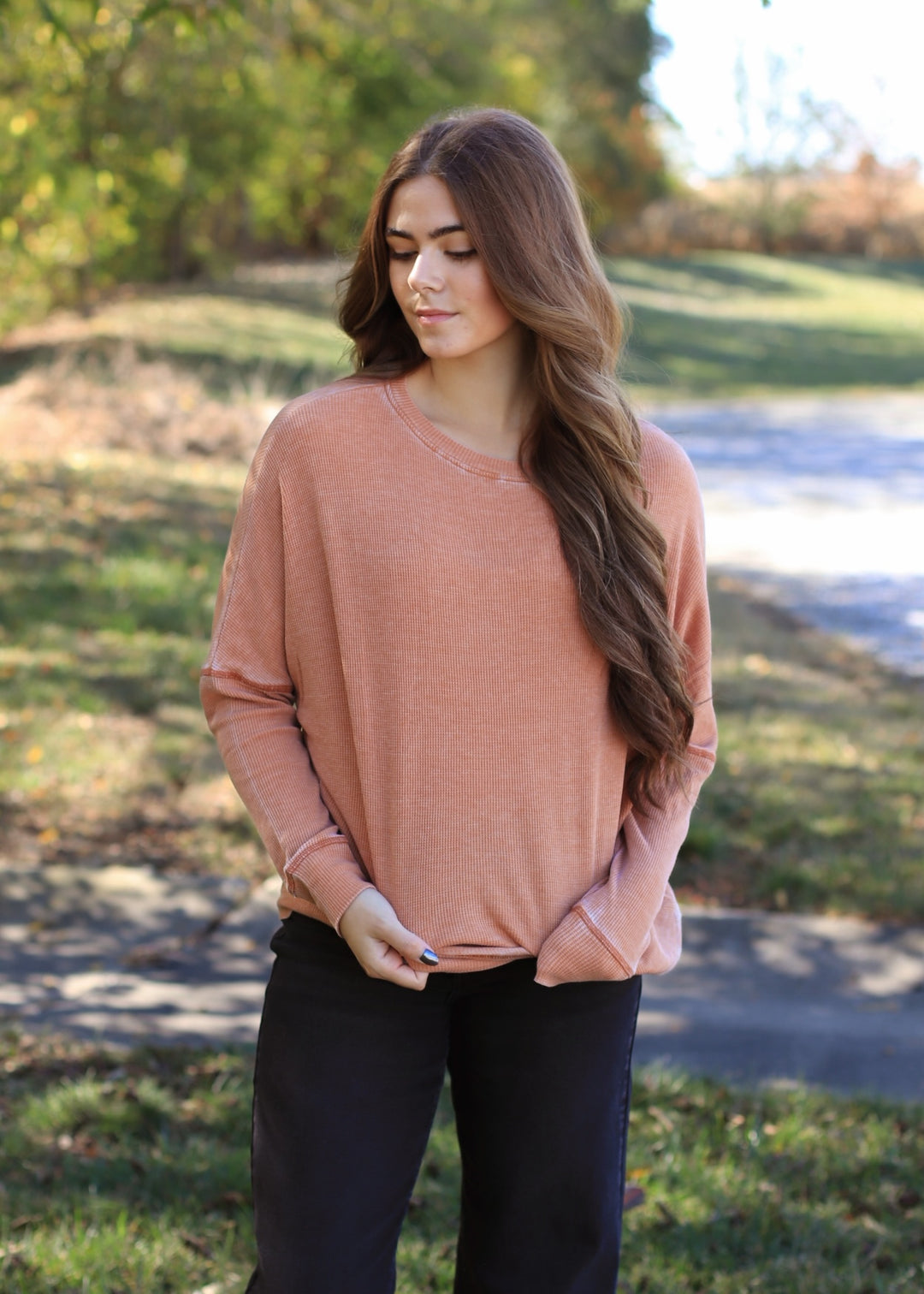Burnt Amber Waffle Ribbed Roundneck Pullover