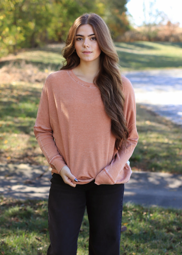 Burnt Amber Waffle Ribbed Roundneck Pullover