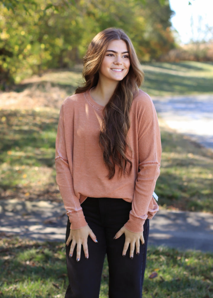 Burnt Amber Waffle Ribbed Roundneck Pullover