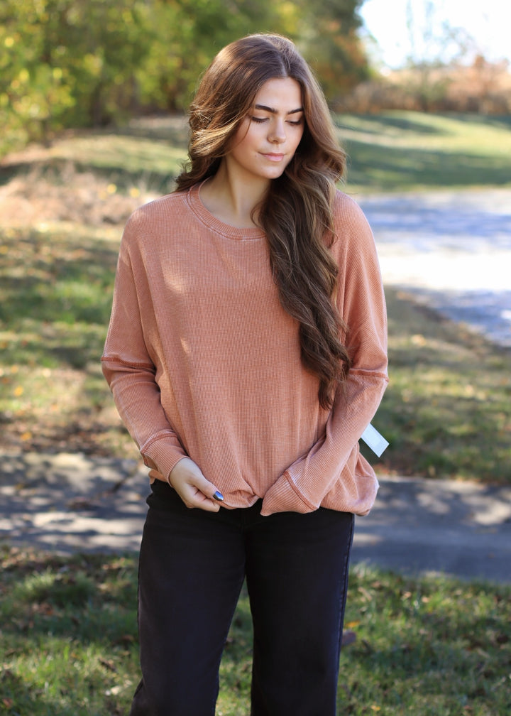 Burnt Amber Waffle Ribbed Roundneck Pullover