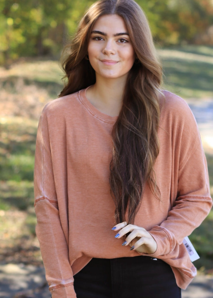 Burnt Amber Waffle Ribbed Roundneck Pullover