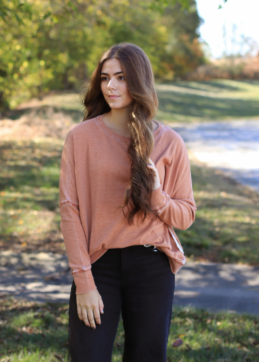 Burnt Amber Waffle Ribbed Roundneck Pullover