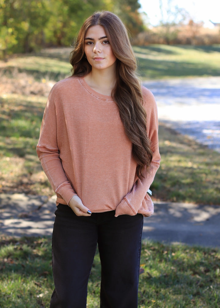 Burnt Amber Waffle Ribbed Roundneck Pullover