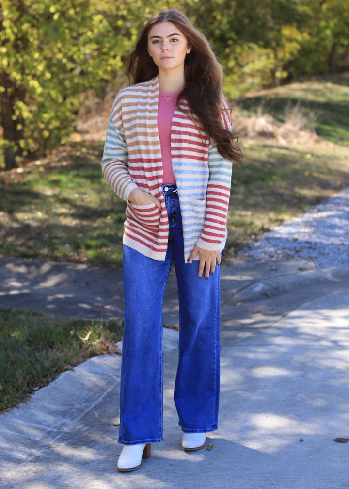 Colorwave Open Front Cardigan in CAMEL/BERRY