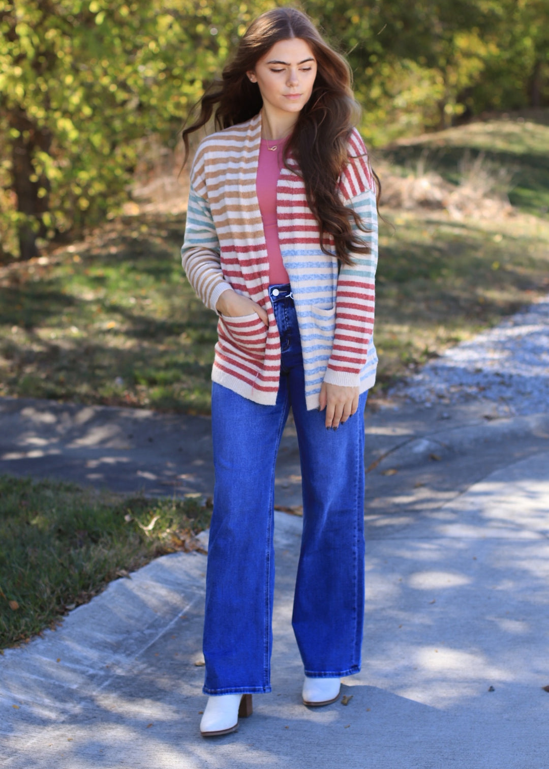 Colorwave Open Front Cardigan in CAMEL/BERRY