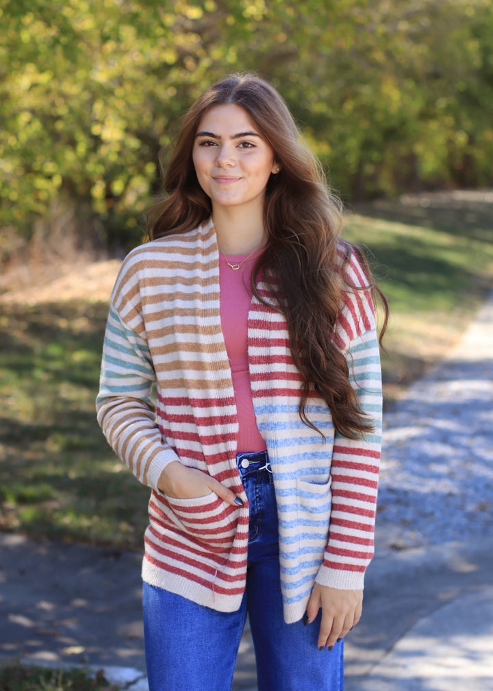Colorwave Open Front Cardigan in CAMEL/BERRY