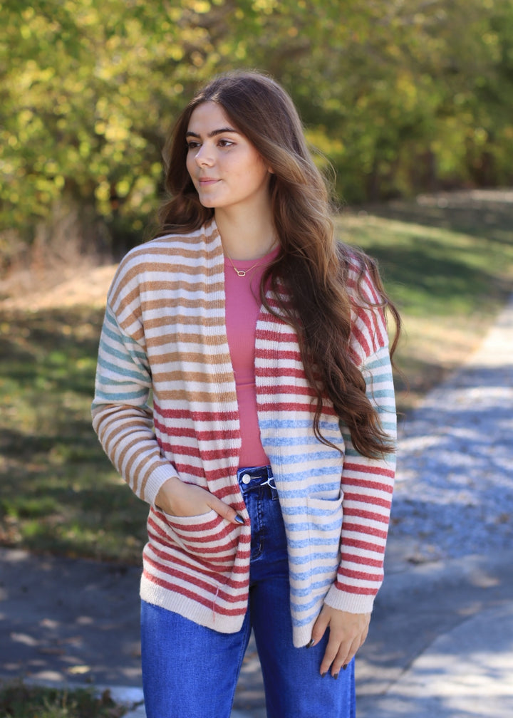 Colorwave Open Front Cardigan in CAMEL/BERRY