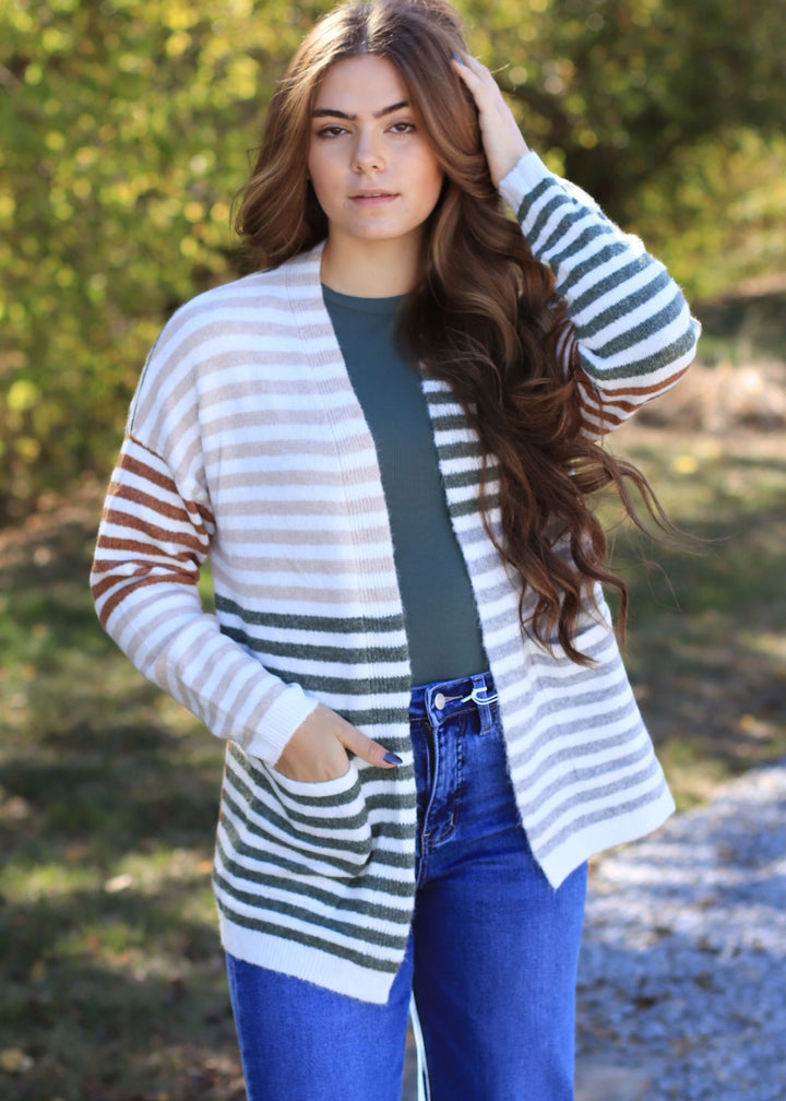 Colorwave Open Front Cardigan in TAUPE/OLIVE