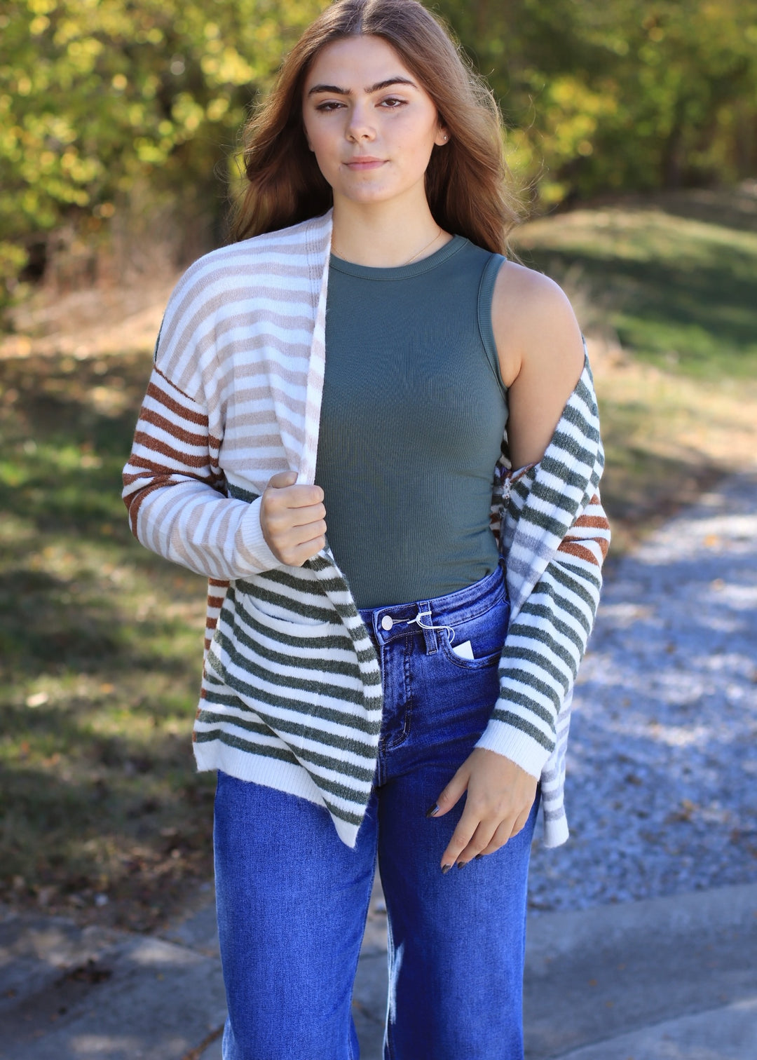 Colorwave Open Front Cardigan in TAUPE/OLIVE