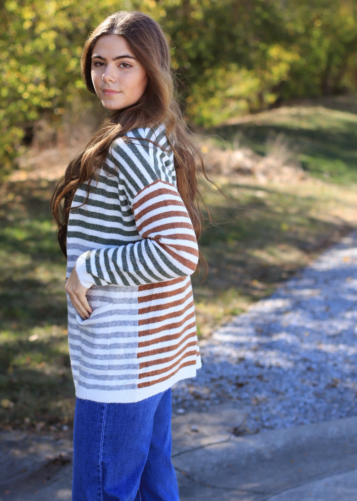 Colorwave Open Front Cardigan in TAUPE/OLIVE