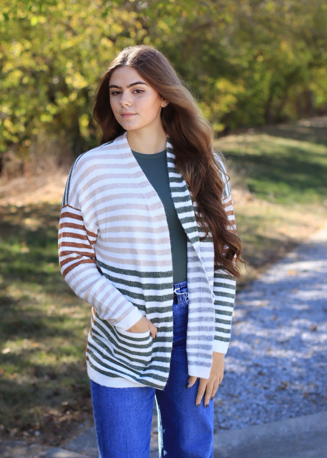 Colorwave Open Front Cardigan in TAUPE/OLIVE