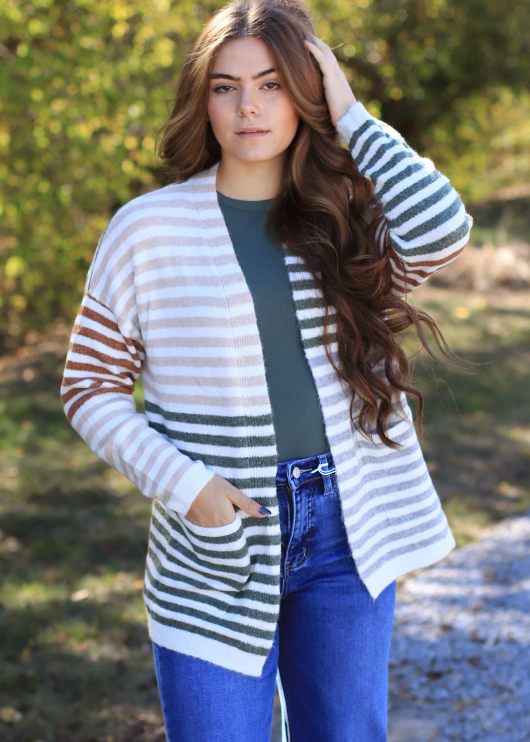 Colorwave Open Front Cardigan in TAUPE/OLIVE