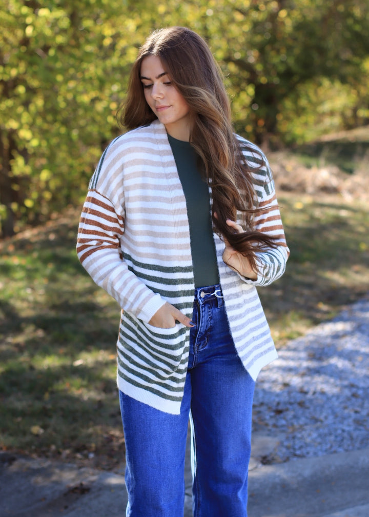 Colorwave Open Front Cardigan in TAUPE/OLIVE