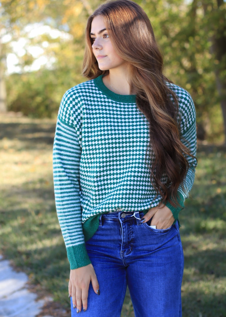 The Mistletoe Check Sweater in Green