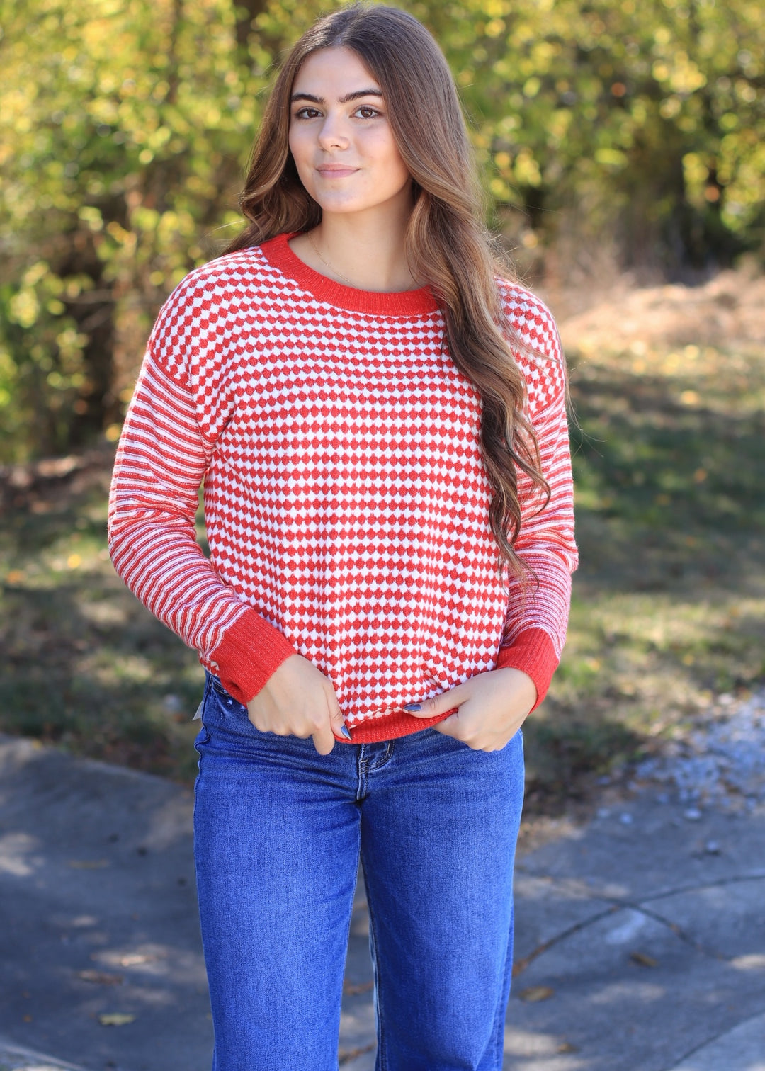 The Mistletoe Check Sweater in Red