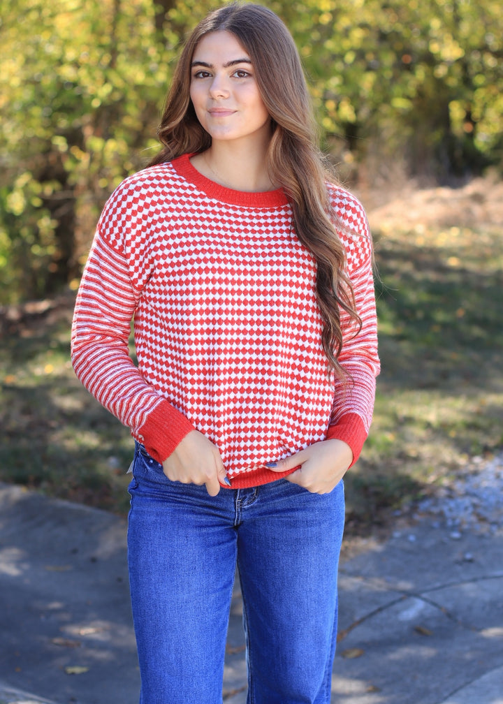 The Mistletoe Check Sweater in Red