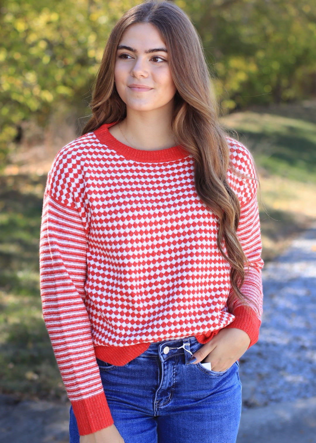 The Mistletoe Check Sweater in Red