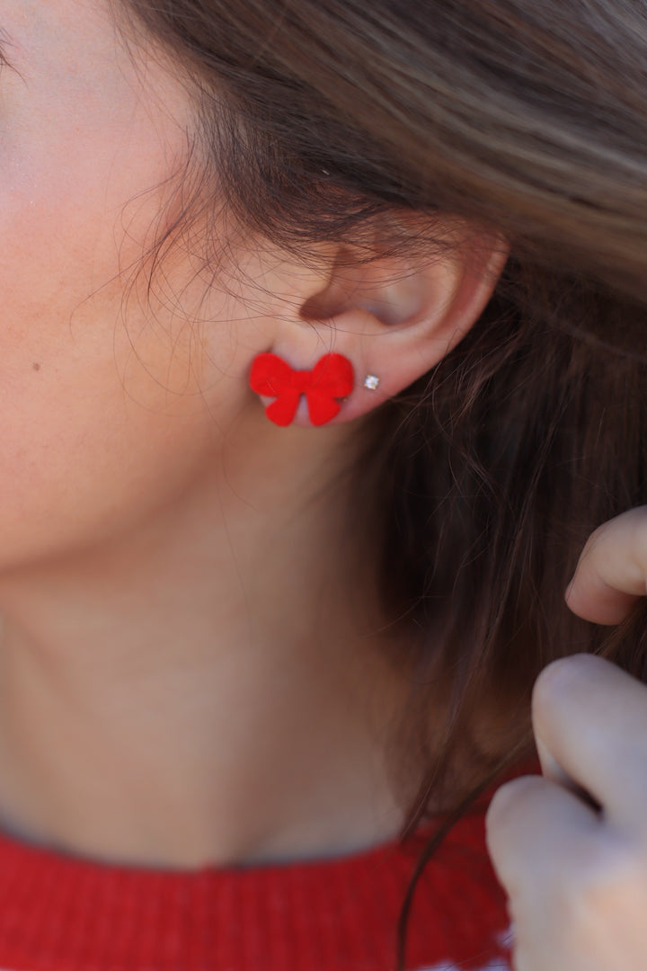 Flocked Bow Earring in Red