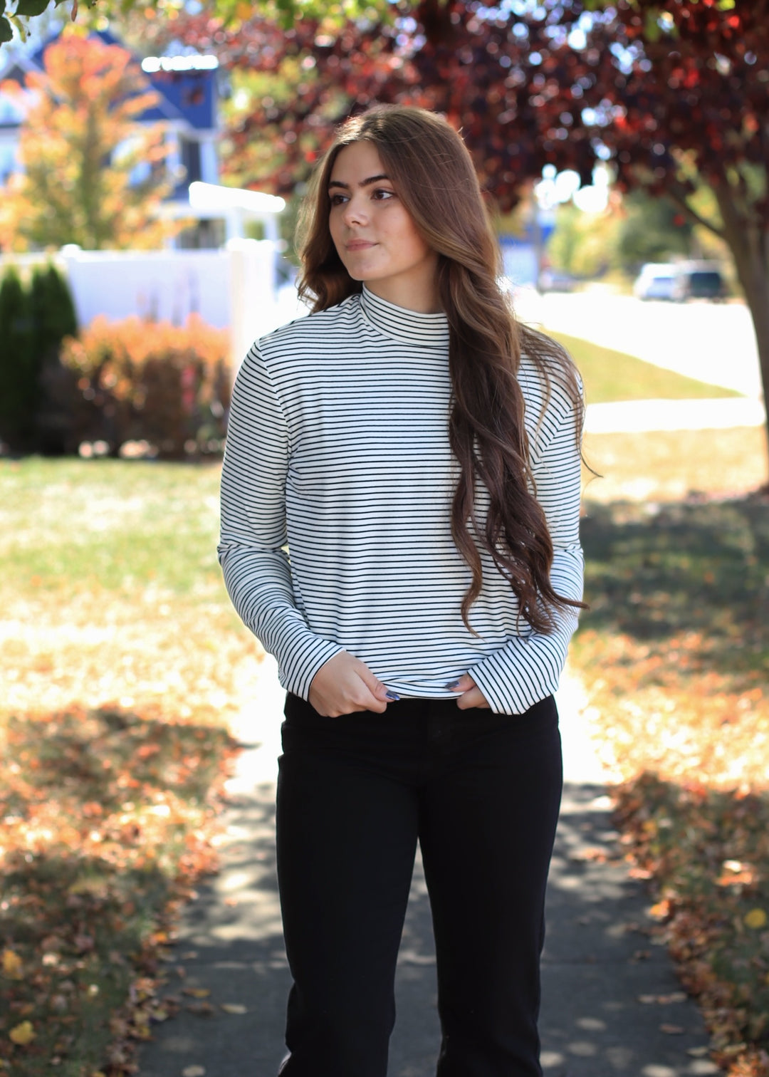 Classic Cream Stripe Mock Neck Top