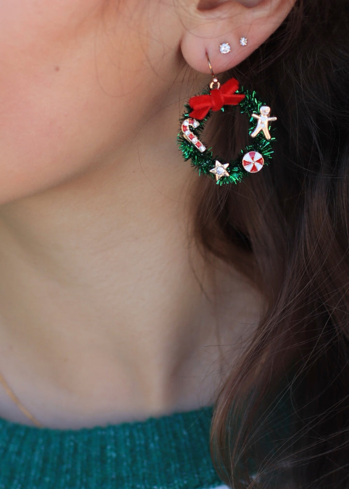 Bow Christmas Wreath Holiday Dangle Earrings