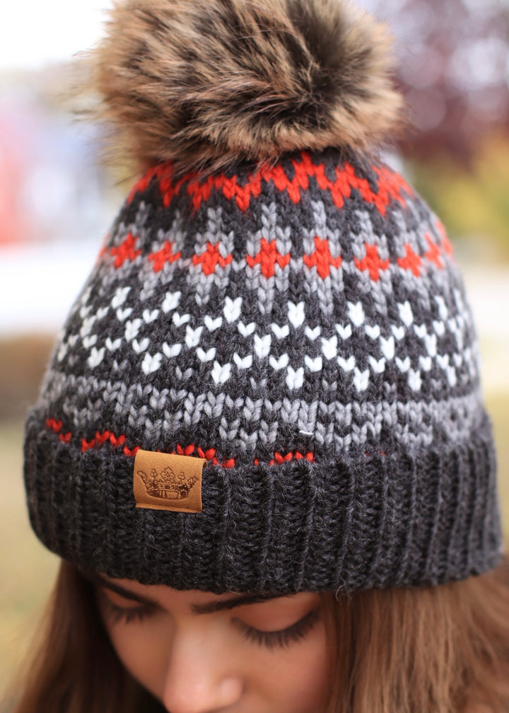 Dk. Gray, Red & White Winter Pattern Pom Hat