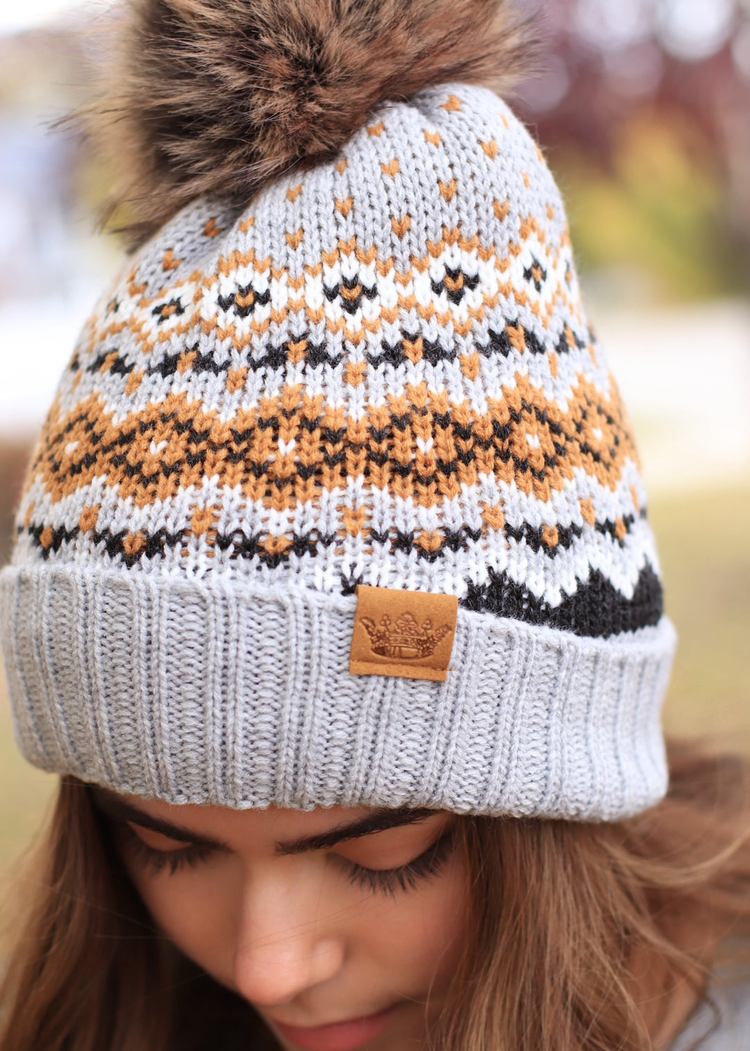 Gray, Camel & Black Patterned Pom Hat
