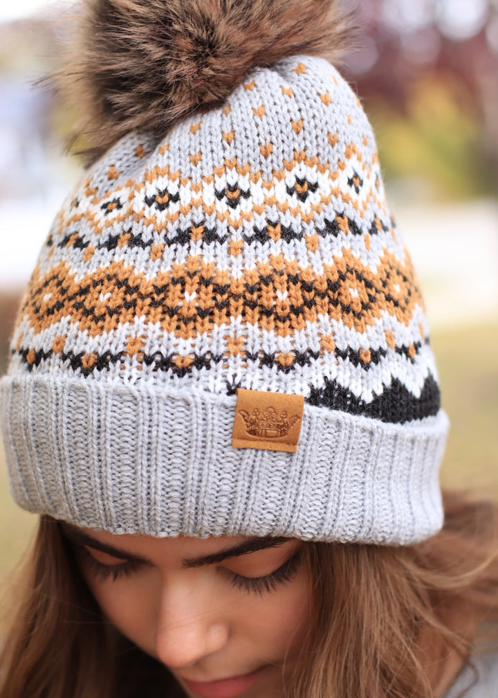 Gray, Camel & Black Patterned Pom Hat