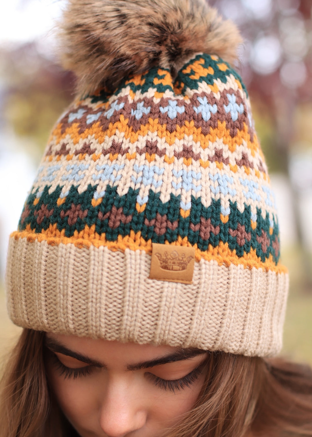 Taupe & Multicolored Patterned Pom Hat