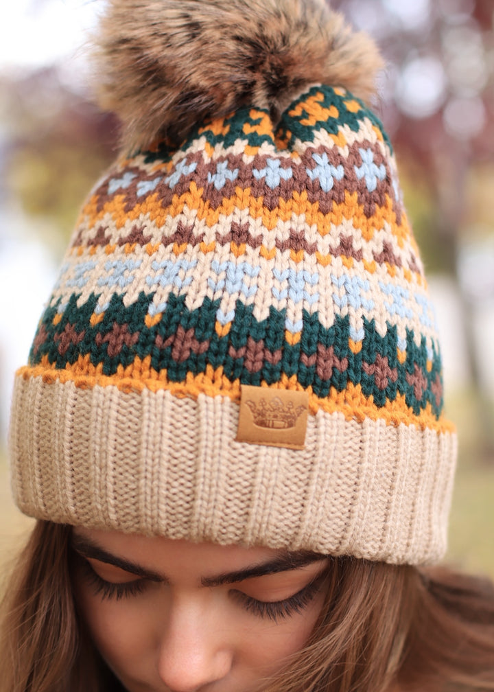 Taupe & Multicolored Patterned Pom Hat