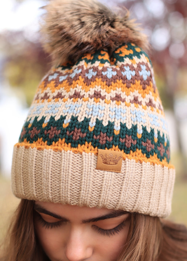 Taupe & Multicolored Patterned Pom Hat