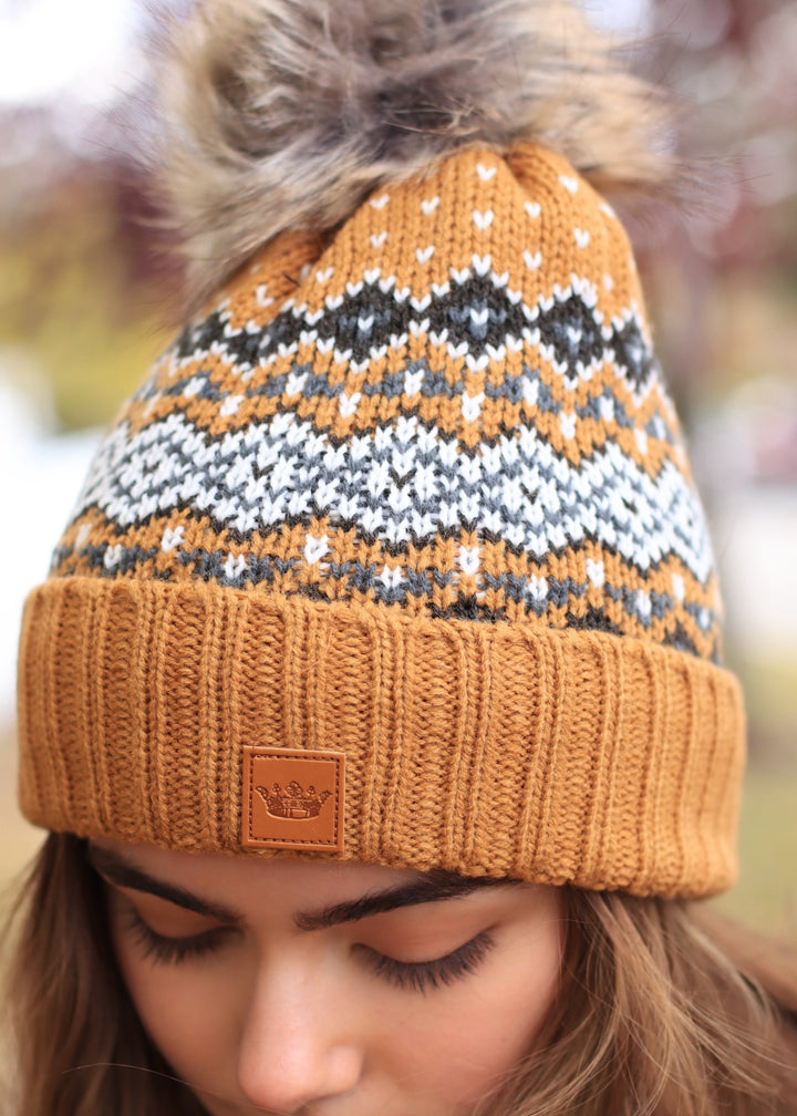Camel, Black, White & Blue Patterned Pom Hat