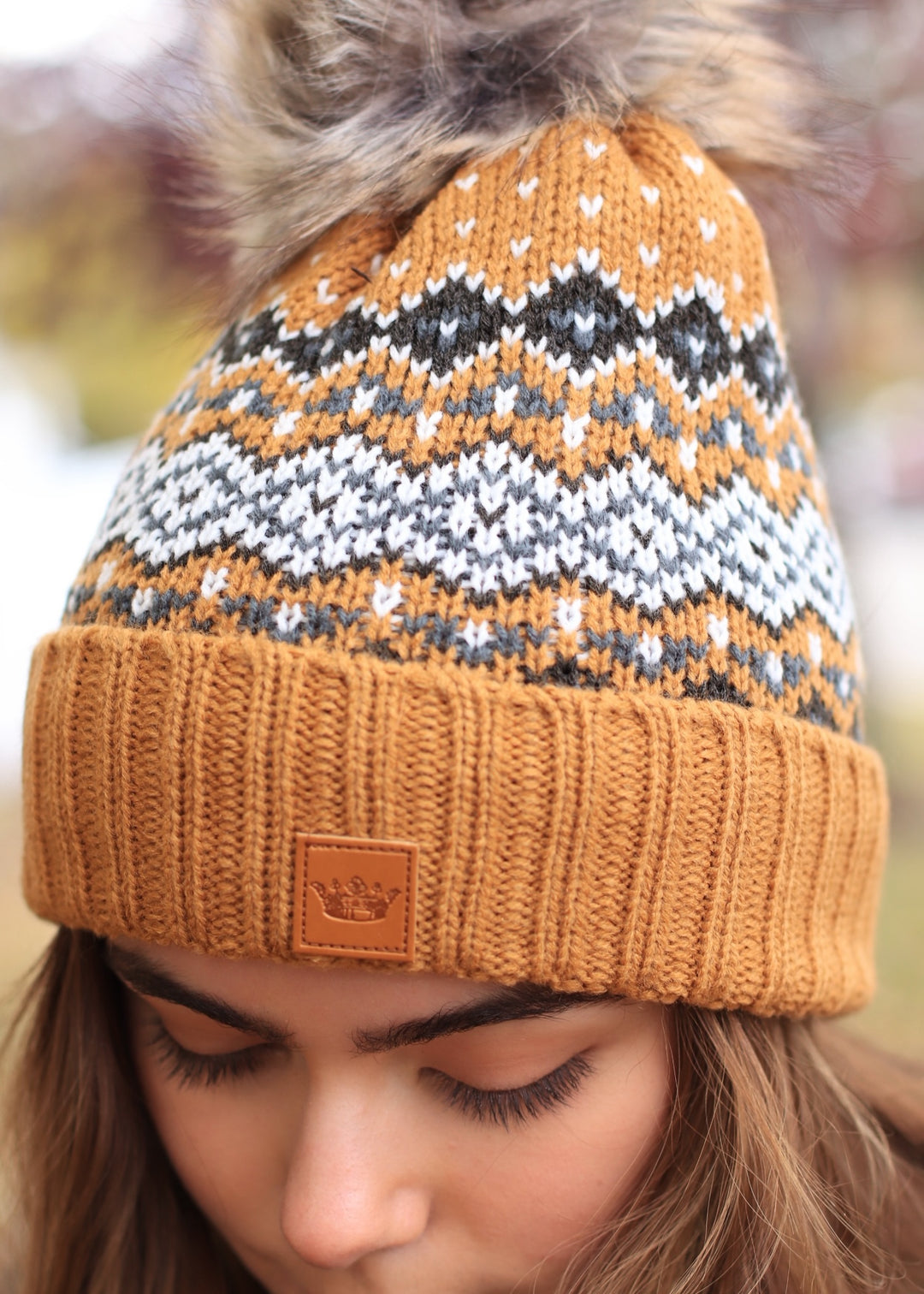 Camel, Black, White & Blue Patterned Pom Hat