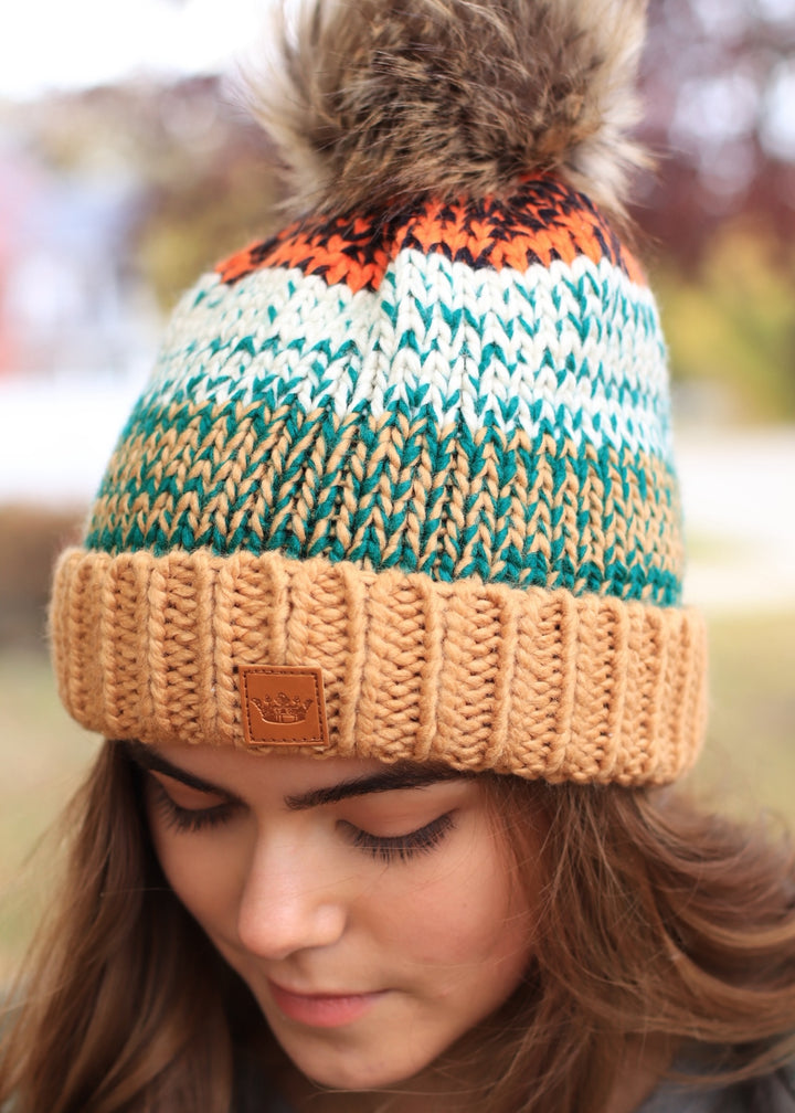 Camel, Green & Orange Patterned Pom Hat