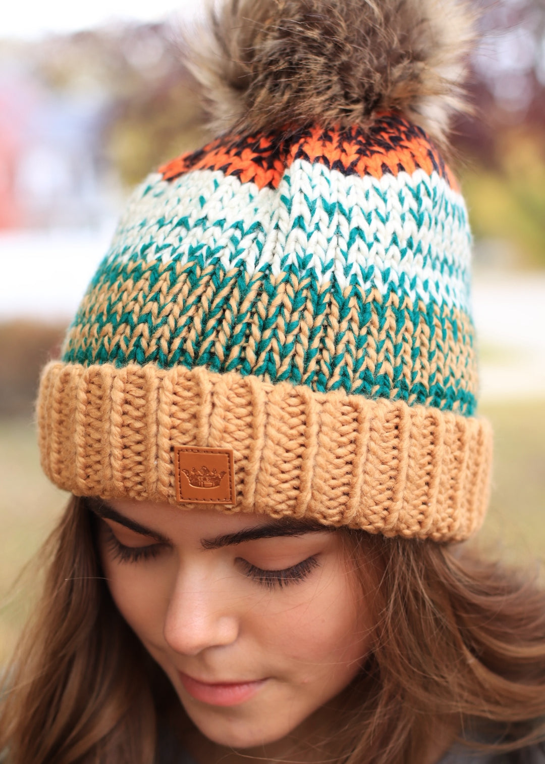 Camel, Green & Orange Patterned Pom Hat