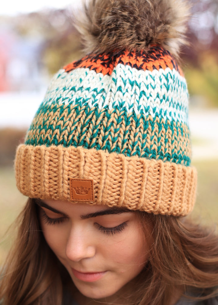 Camel, Green & Orange Patterned Pom Hat