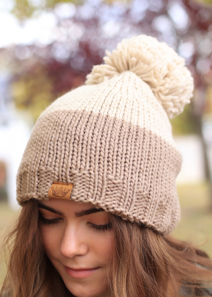 Beige & Taupe Color Block Pom Hat