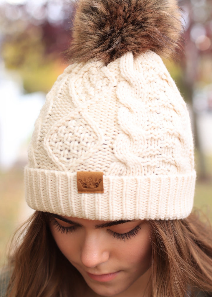 Beige Cable Knit Pom Hat
