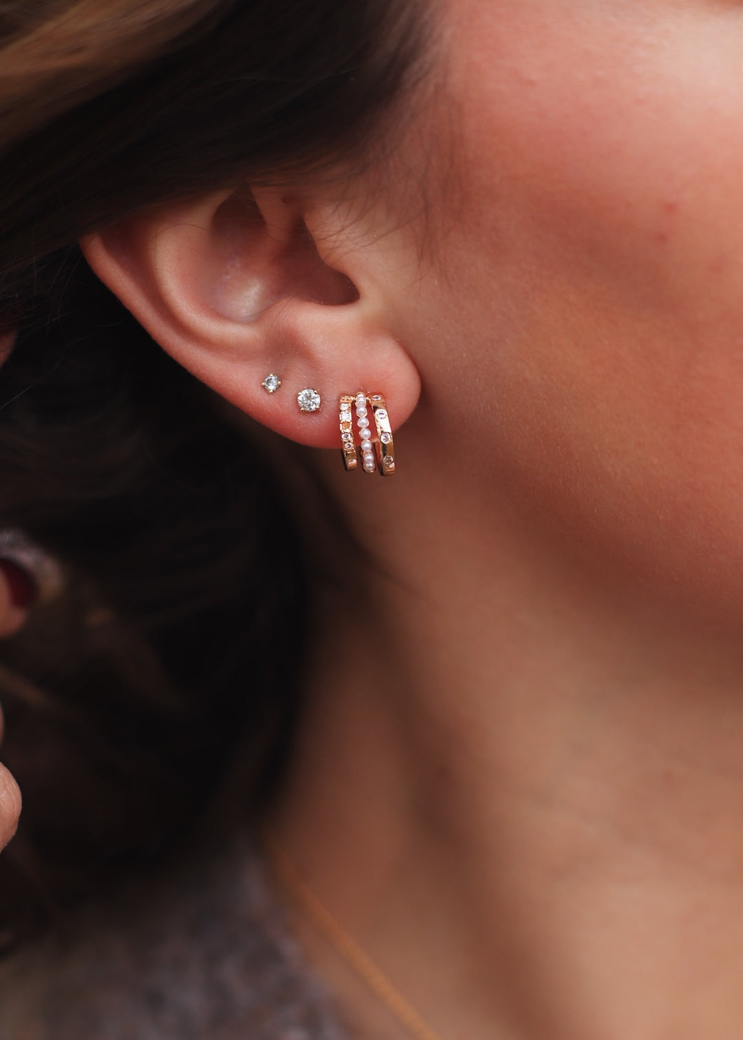 Mini Three Line Pearl Bead Hoop Earrings