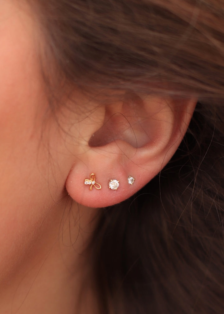 Gold Dipped Mini Cz Bow Stud Earrings